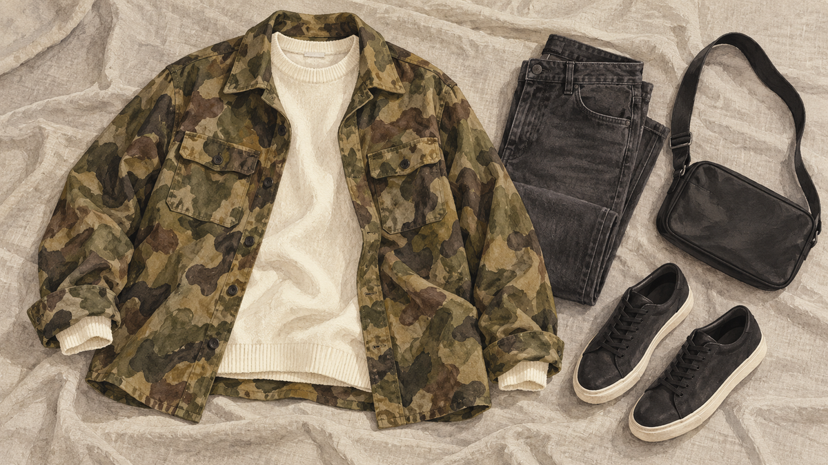 Illustration av en camouflagemönstrad skjortjacka med benvit tröja, grå jeans, svarta sneakers och axelväska.