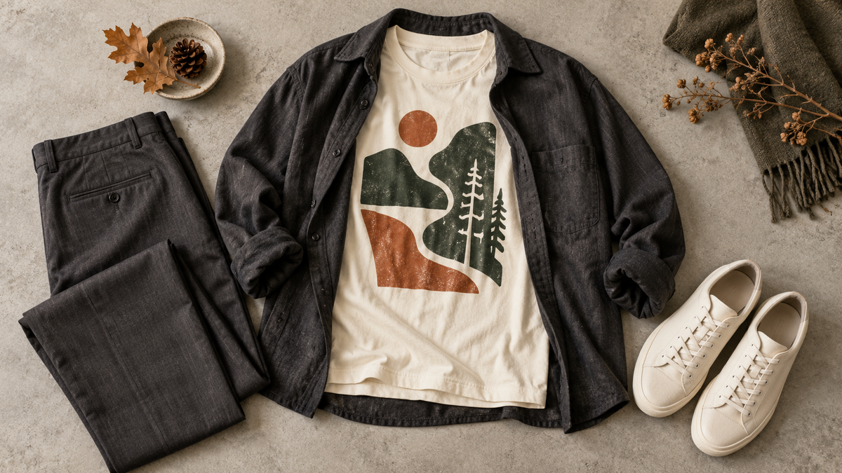 Stilillustration med en ljus T-shirt med grönt och rostbrunt tryck, öppen mörk skjorta, mörka byxor och ljusa sneakers.