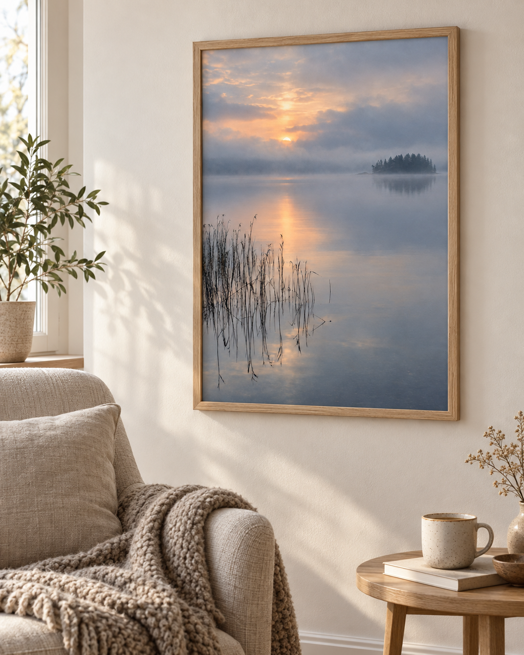 Dimma vid sjön poster från Kanva i läshörna med ek ram. Ram säljs separat.