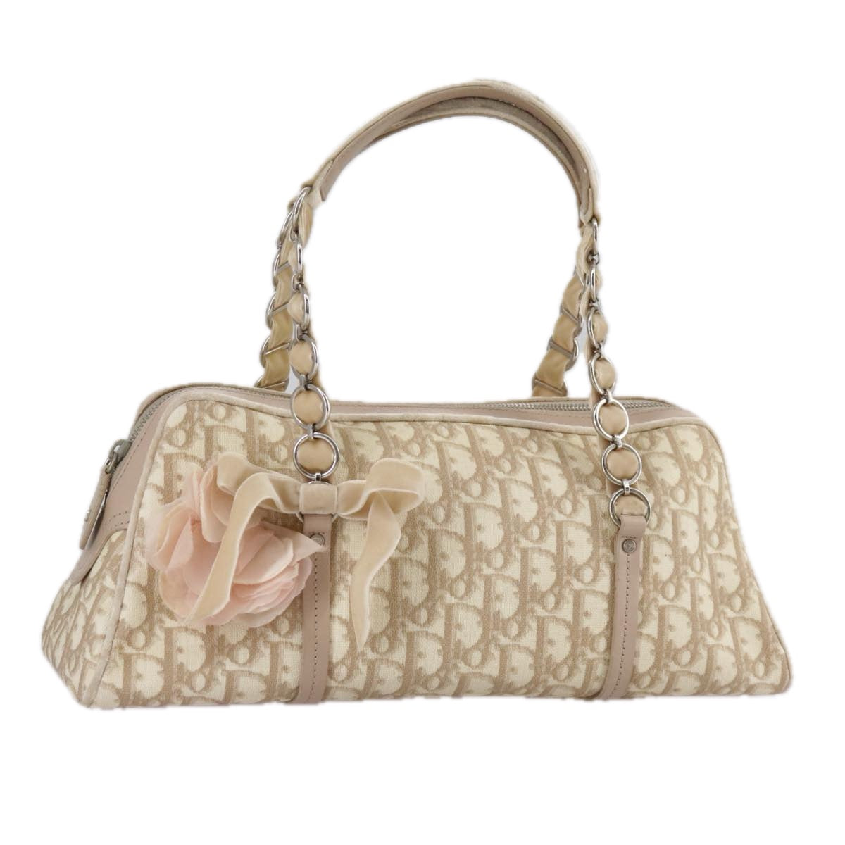 Trotter Canvas Chain Hand Bag PVC Beige Silver