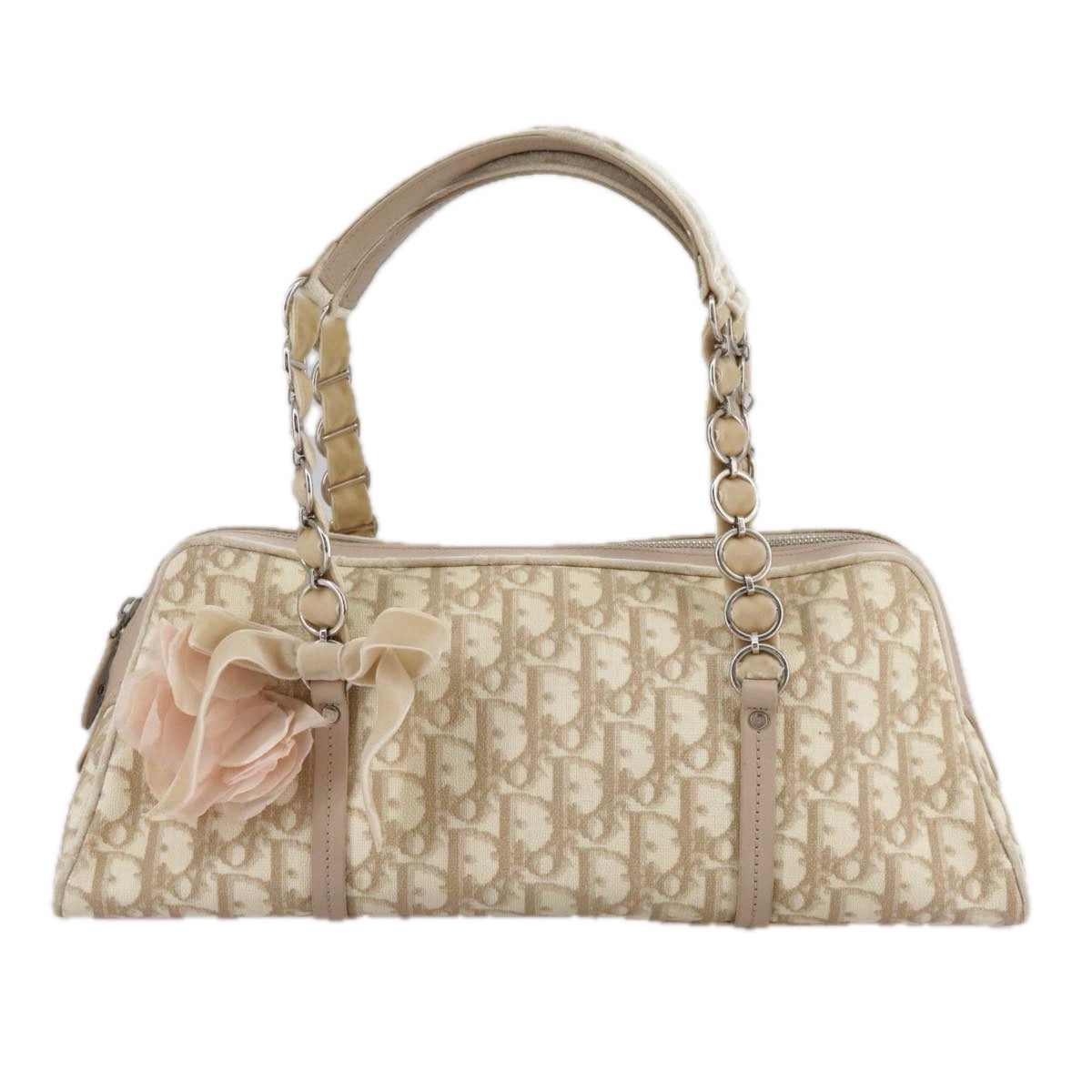 Trotter Canvas Chain Hand Bag PVC Beige Silver