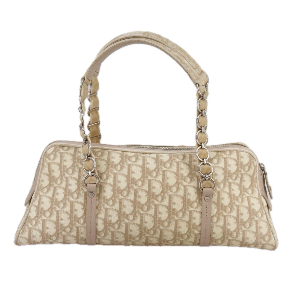 Trotter Canvas Chain Hand Bag PVC Beige Silver