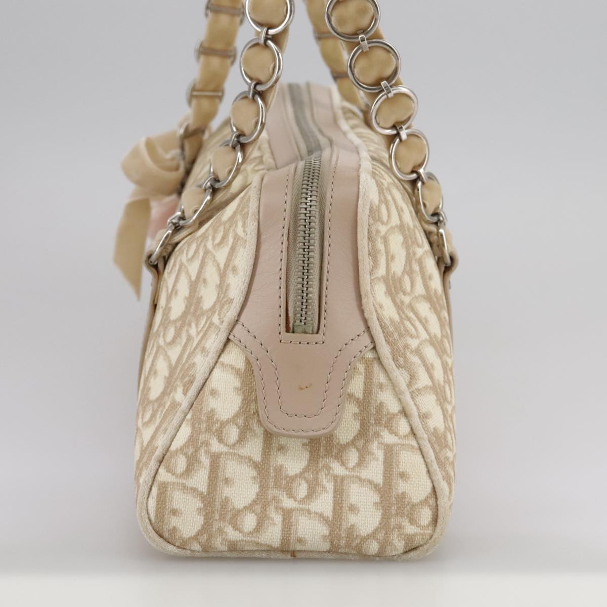 Trotter Canvas Chain Hand Bag PVC Beige Silver