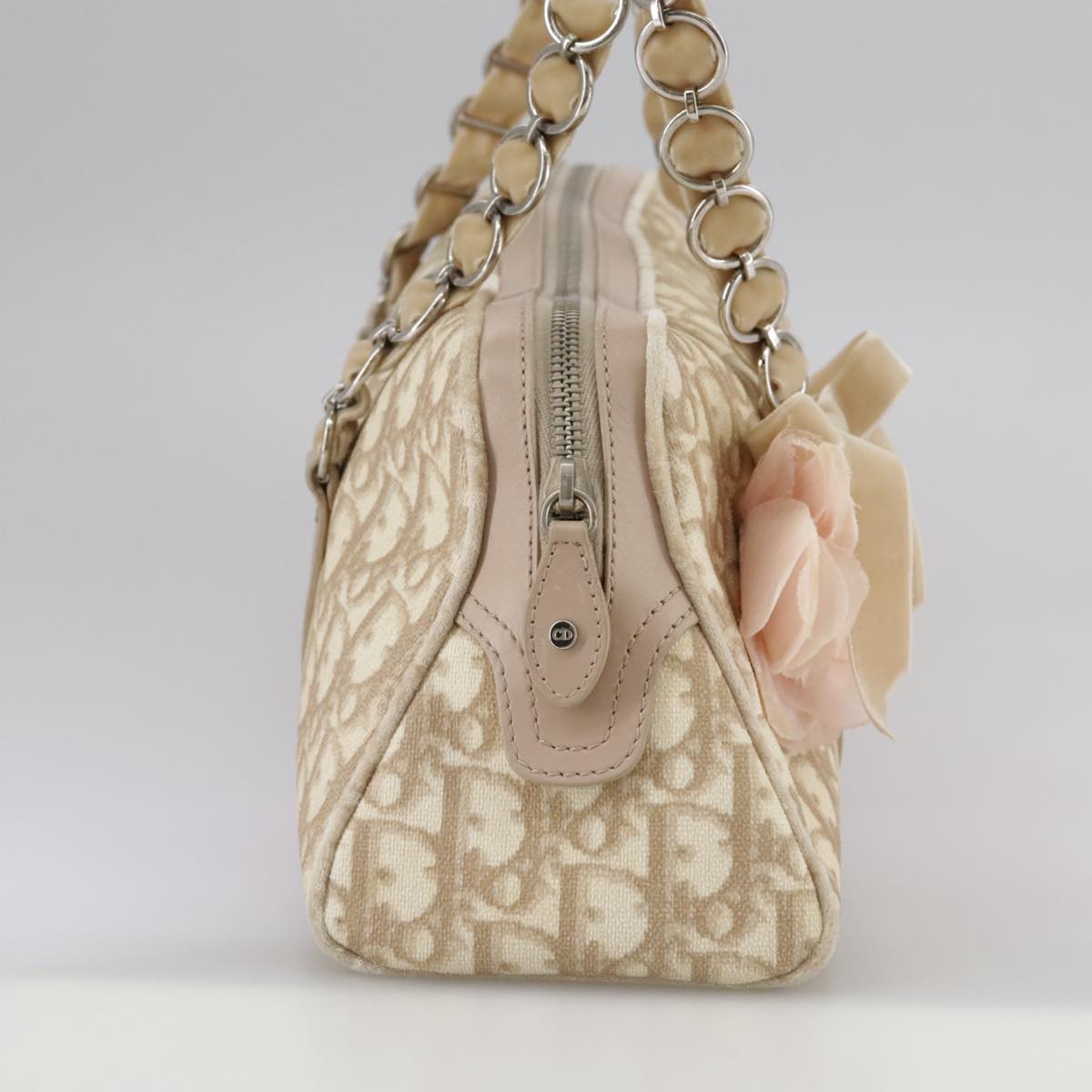 Trotter Canvas Chain Hand Bag PVC Beige Silver