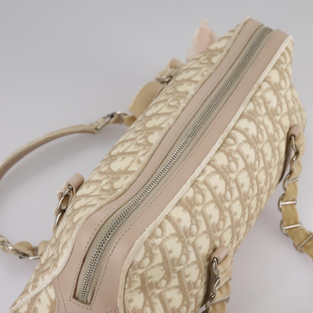 Trotter Canvas Chain Hand Bag PVC Beige Silver