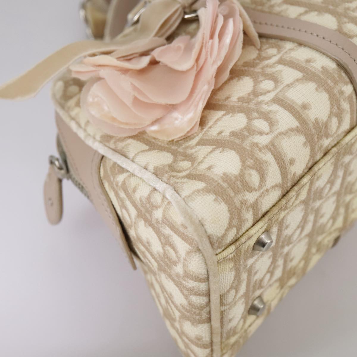 Trotter Canvas Chain Hand Bag PVC Beige Silver