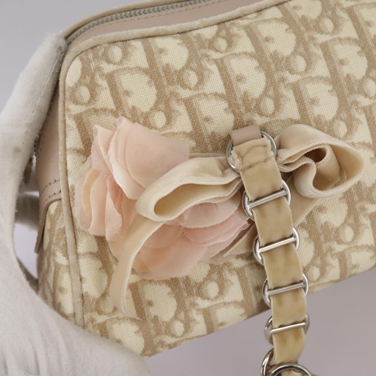Trotter Canvas Chain Hand Bag PVC Beige Silver