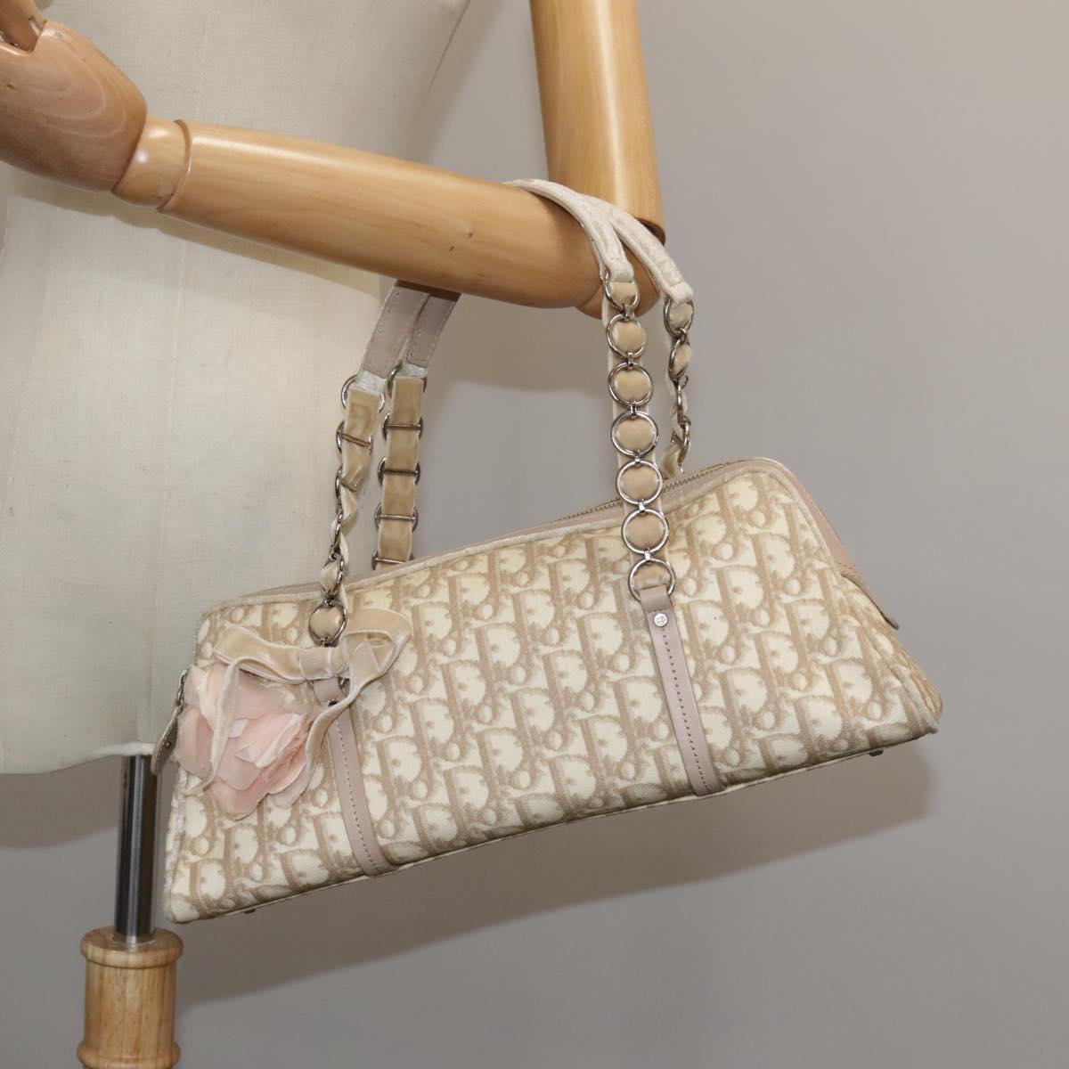 Trotter Canvas Chain Hand Bag PVC Beige Silver