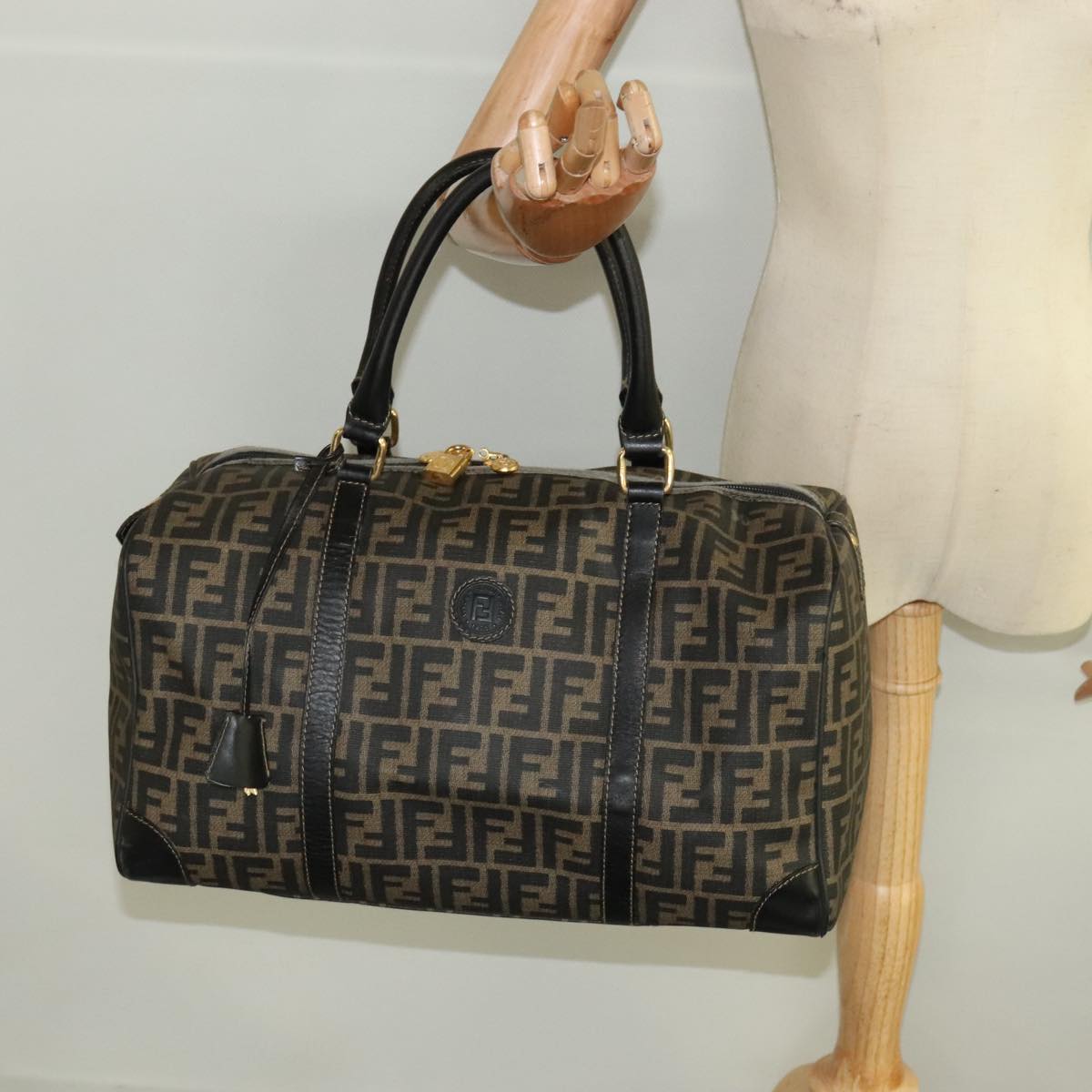 Zucca Canvas Boston Bag Brown Black Gold