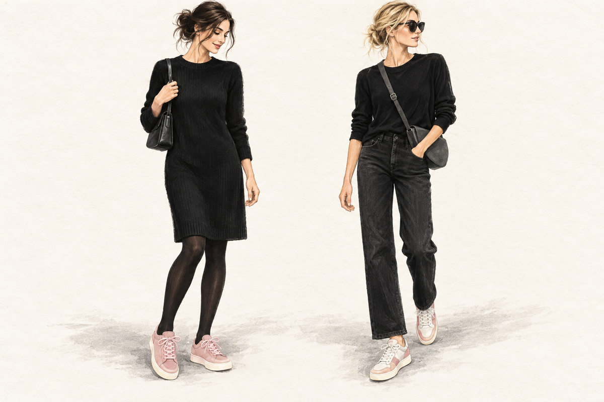 Stylingillustration med rosa sneakers till svart stickad klänning och till svarta jeans.