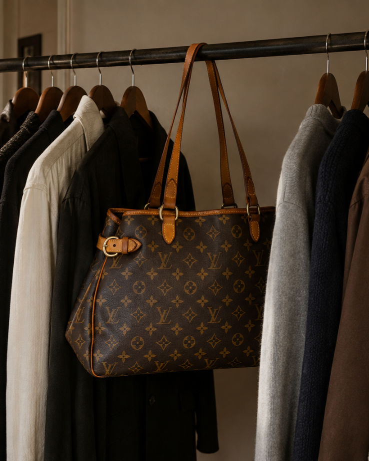 A vintage bag in a warm wardrobe setting