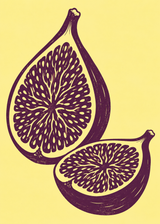 Fikonhalvor poster från Kanva. Grafisk fruktillustration med fikon. Huvudfärger: Lila, Gult.