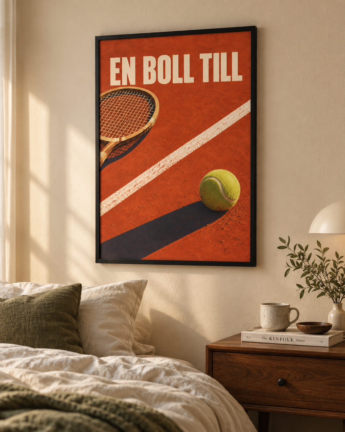 En boll till poster från Kanva i sovrum med svart ram. Ram säljs separat.
