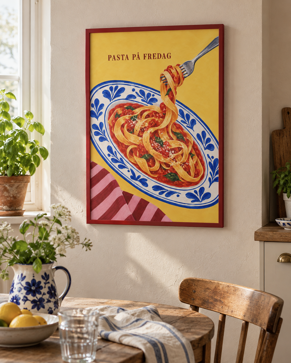 Pasta på fredag poster från Kanva i litet stadskök med röd ram. Ram säljs separat.