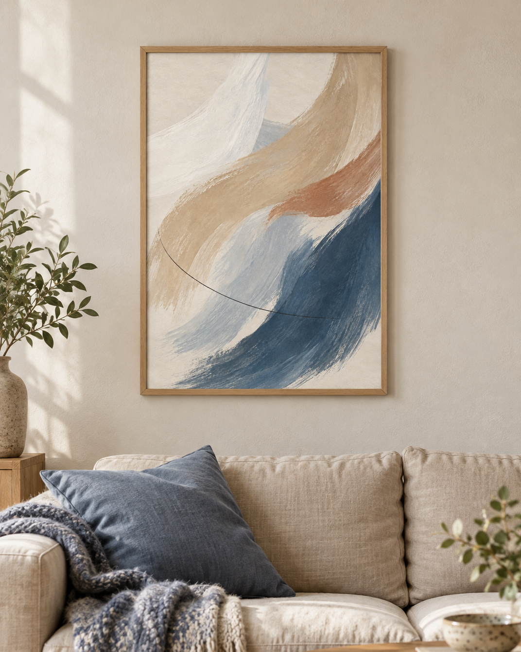 Stilla rörelse poster från Kanva i vardagsrum med ek ram. Ram säljs separat.