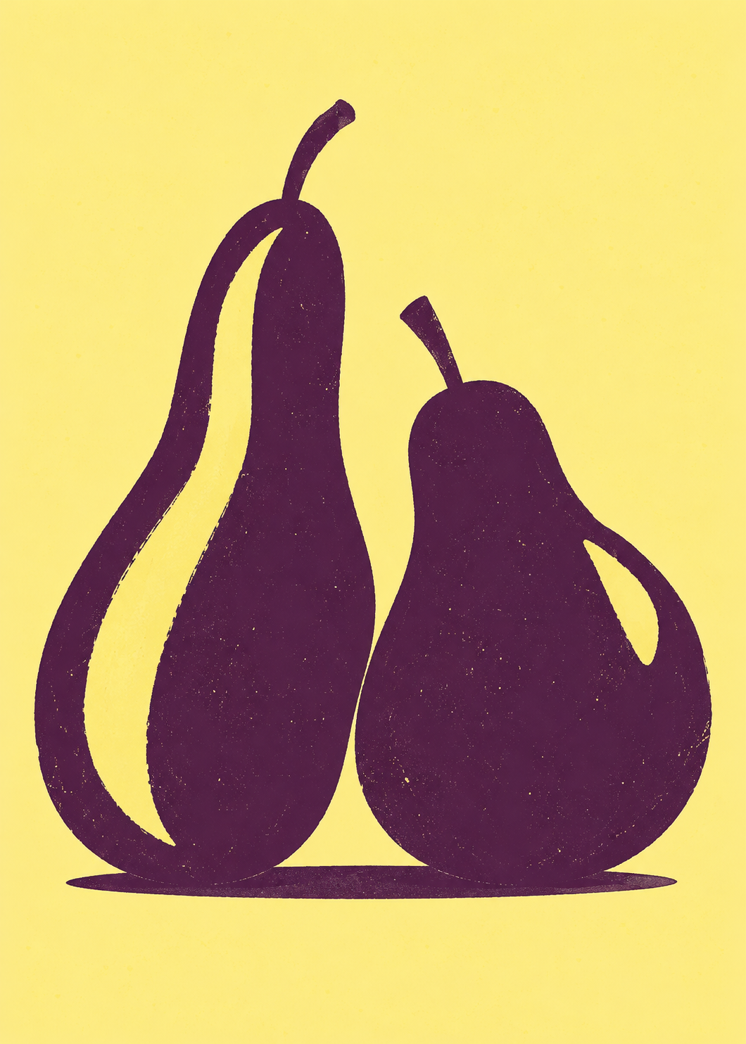 Päronpar poster från Kanva. Grafisk fruktillustration med päron. Huvudfärger: Lila, Gult.
